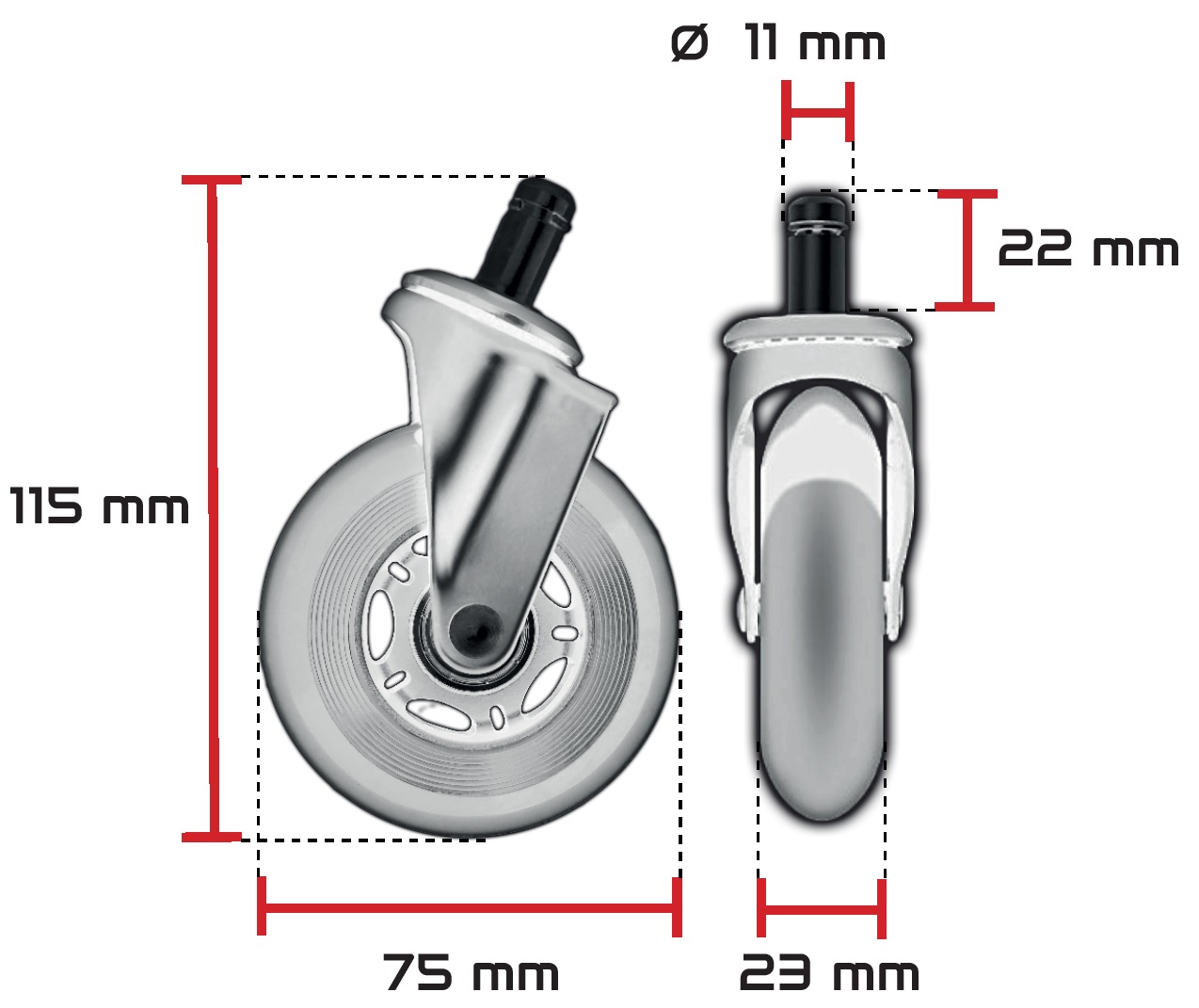 Dimensions roulettes roller ORAXEAT RC750